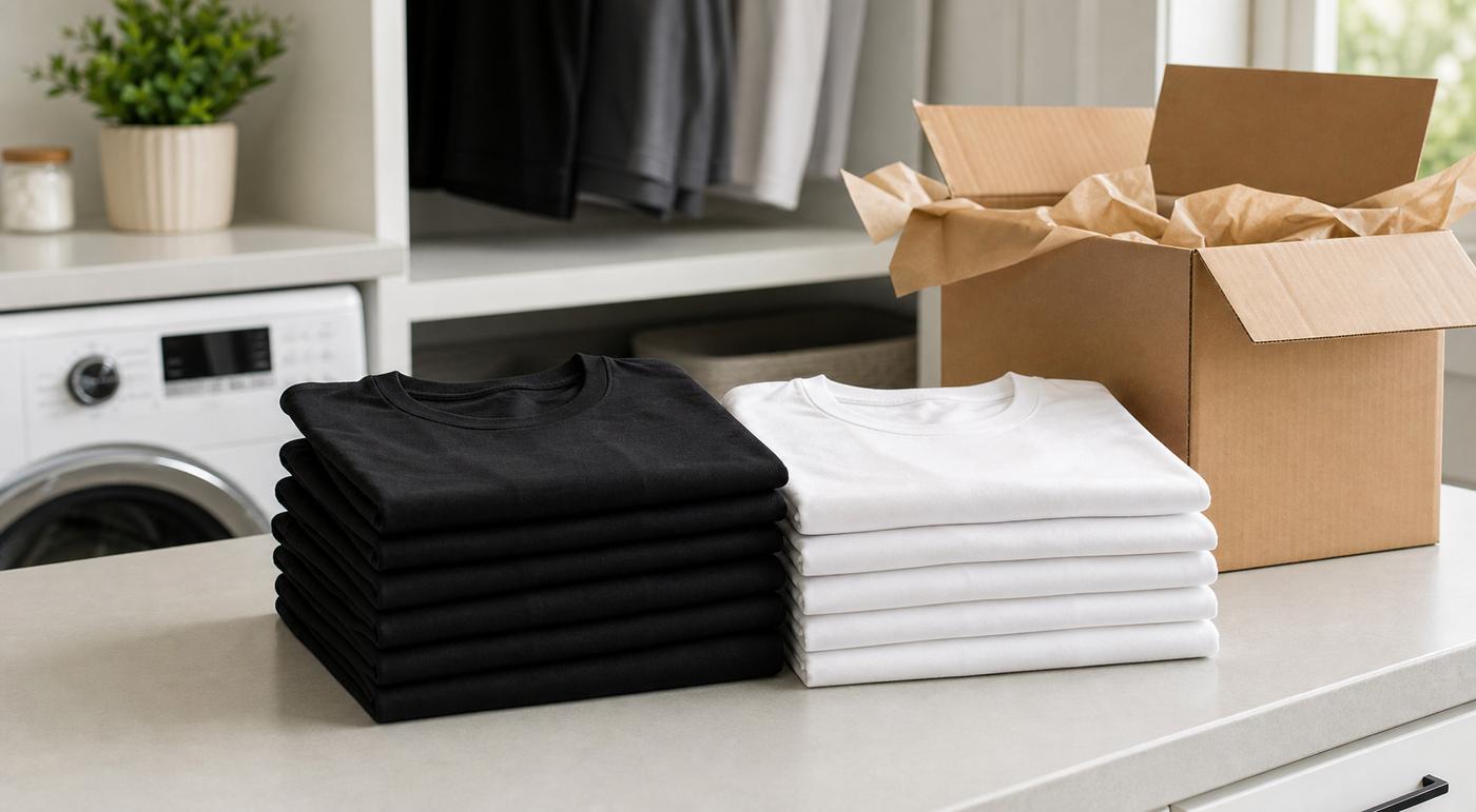 Folded black and white BasicToGo tees beside a kraft shipping box