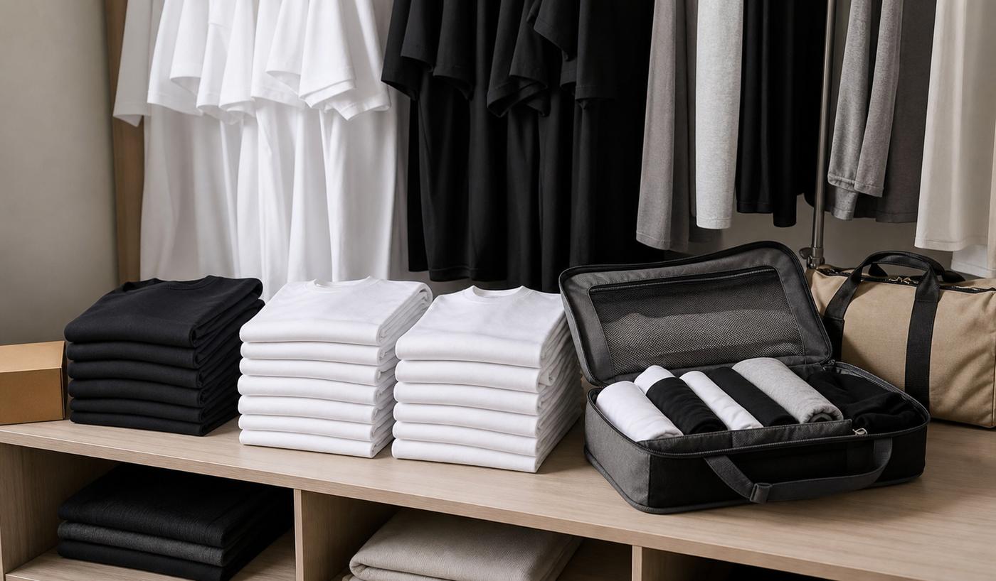 BasicToGo tees organized in a closet and packed for travel