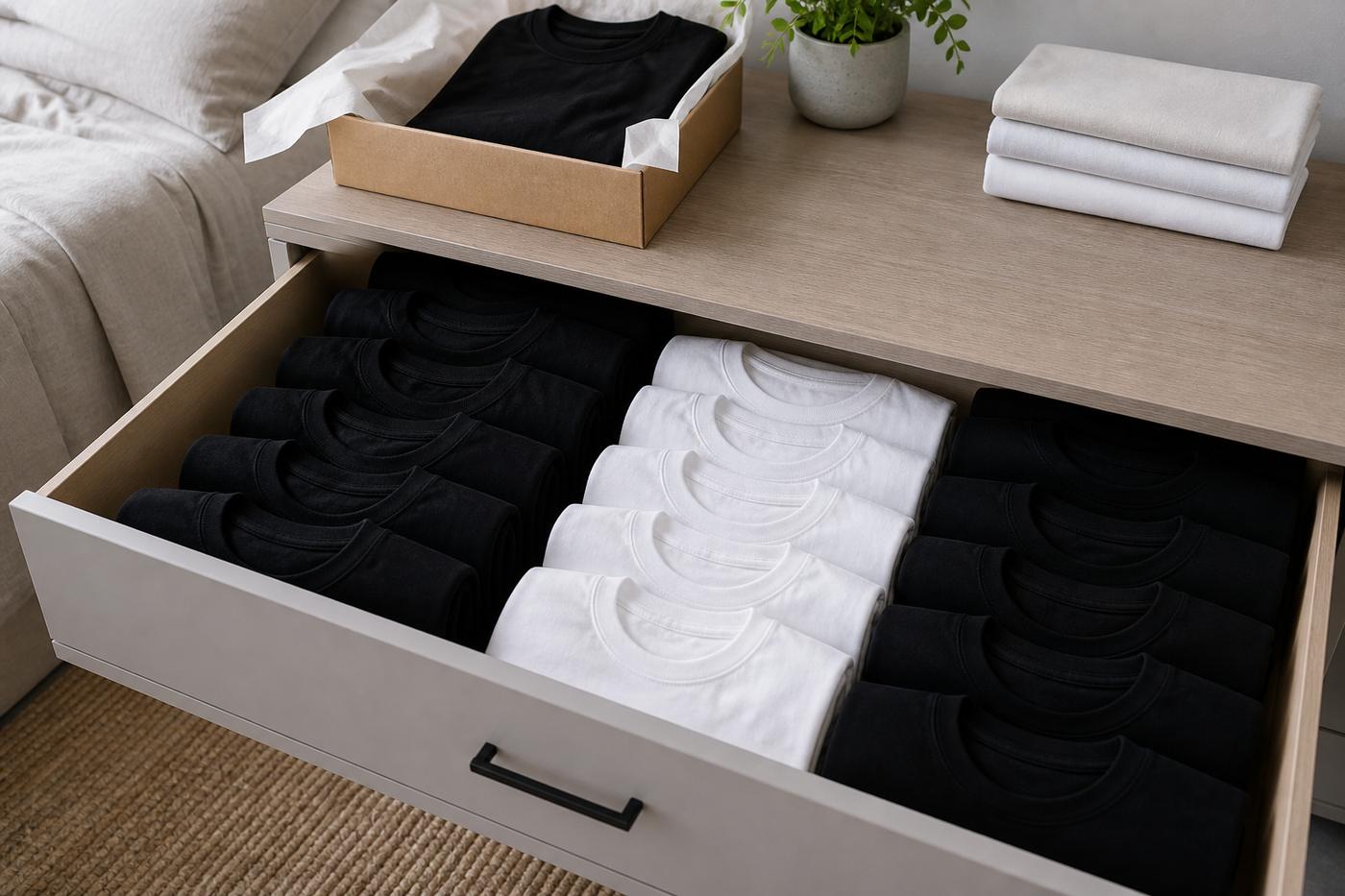 A perfectly organized drawer filled with black and white BasicToGo everyday tees